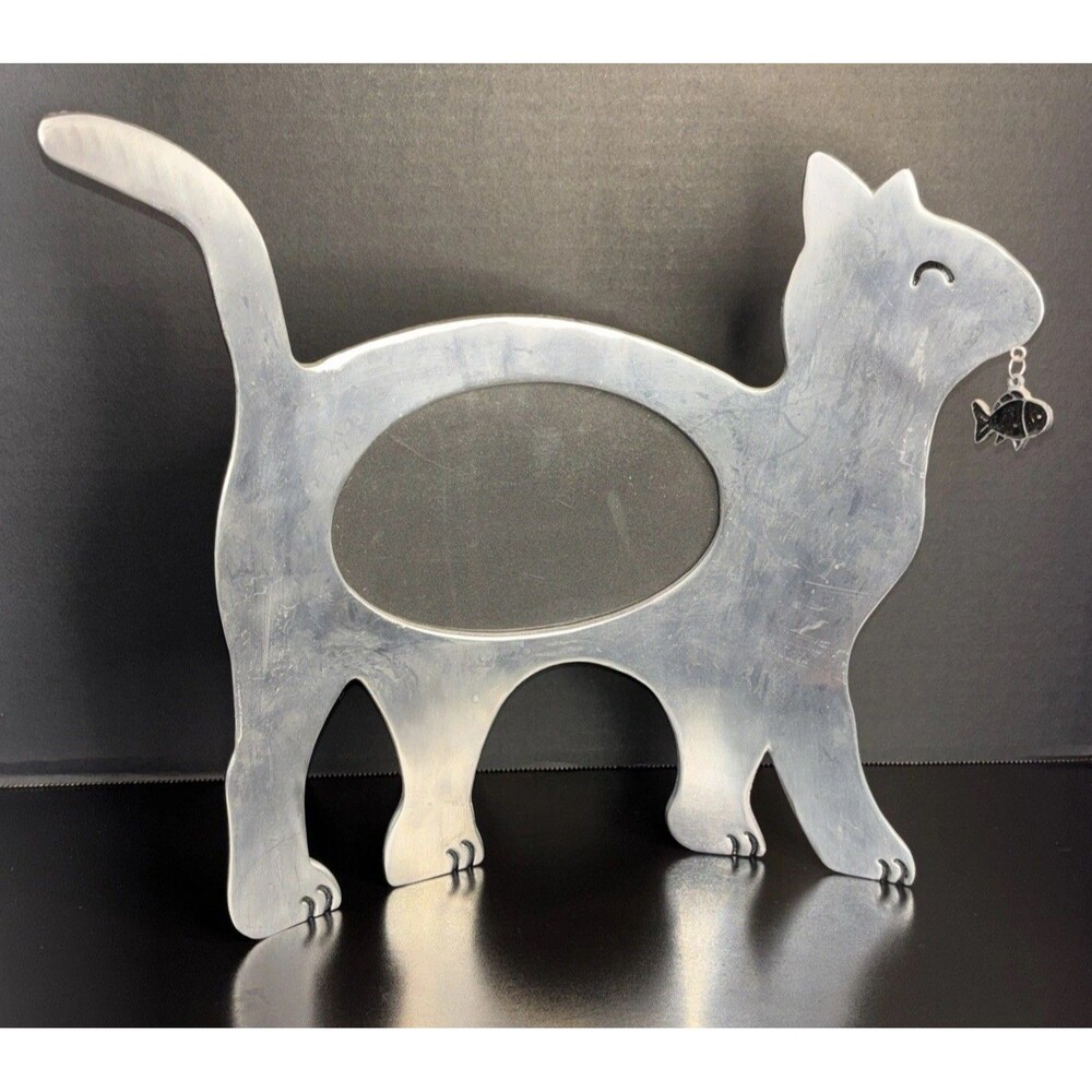 Metal Cat Picture Frame 3.5x5 w/Fish Charm Silver Tone Tabletop Photo Holder